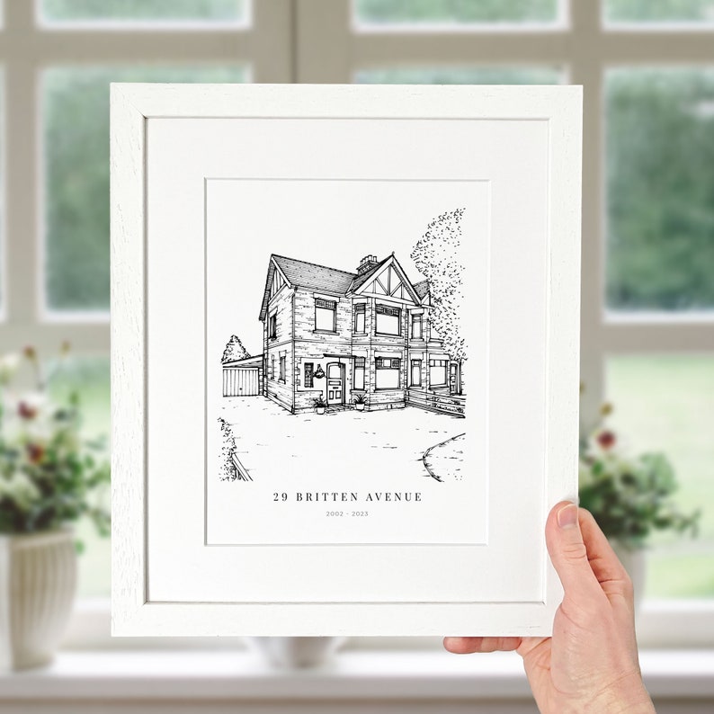 A personalised house warming gift of a custom hand drawn house line portrait drawing by Lock and Dale