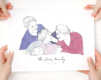 Custom Watercolour Family Line Portrait | Personalised Portrait Drawing From Photo | Unique Gift for Dad’s on Father’s Day & Birthdays