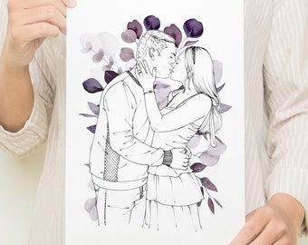 Custom Hand-Drawn Couples Floral Line Portrait | Personalised Drawing From Photo | Watercolour Flowers | Gifts for Couples for Weddings