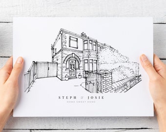 Croquis de maison personnalisé, cadeau pour une maison neuve, cadeau de pendaison de crémaillère, dessin de maison sur mesure à partir d'une photo, portrait de maison dessiné à la main, dessin sur mesure