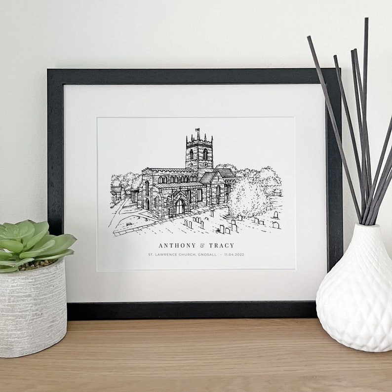 A personalised gift of a custom hand drawn wedding venue line portrait drawing by Lock and Dale