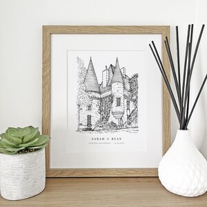 A personalised gift of a custom hand drawn wedding venue line portrait drawing by Lock and Dale