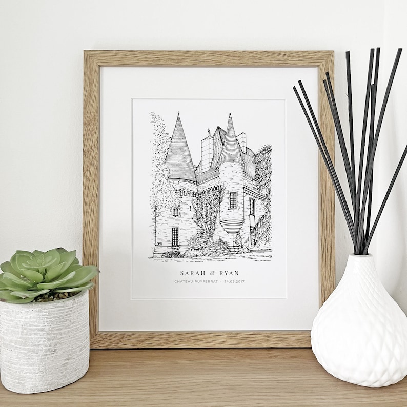 A personalised gift of a custom hand drawn wedding venue line portrait drawing by Lock and Dale