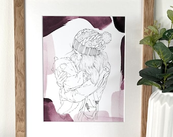 Custom Hand Drawn Mummy and Me Line Drawing With Watercolour Border | Portrait From Photo | Gifts for Mothers Day & New Mums | Mounted Print