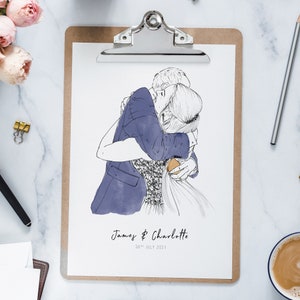 Custom Hand Drawn Watercolour Wedding Line Portrait | Personalised Drawing From Photo | Unique Gift for Valentine's Day, Couples & Weddings