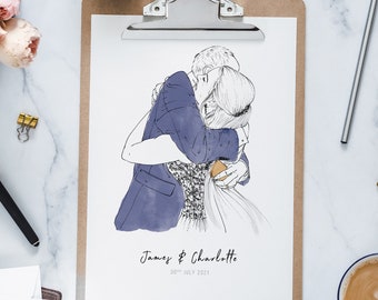 Custom Hand Drawn Watercolour Wedding Line Portrait | Personalised Drawing From Photo | Unique Gift for Valentine's Day, Couples & Weddings