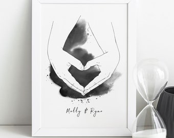 Personalised Watercolour Couples Hand Heart Print in Black | Couples Wall Art | Unique Gift for Couples, Friends, Weddings & Anniversary