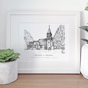 A personalised gift of a custom hand drawn wedding venue line portrait drawing by Lock and Dale