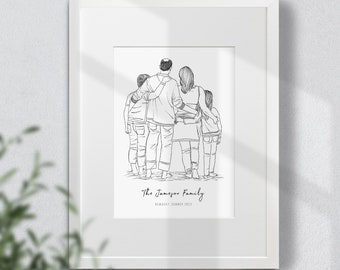Custom Hand-Drawn Dad and Family Line Portrait | Custom Portrait Drawing From Photo | Unique Gift for New Dads for Christmas
