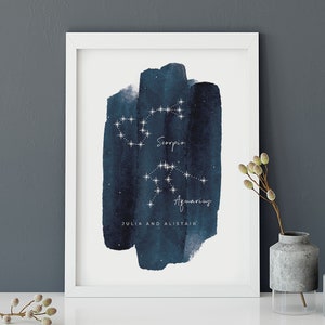 Personalised Couples Star Sign Print, Custom Watercolour Wall Art, Gifts For Couples, Friend Gifts, Star Sign Print, Anniversary Gifts