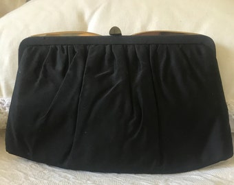 Pleated Black Fabric  Vintage Satin Lined w/vinyl compartment Handbag/Purse/Clutch w/Collapsible Handle