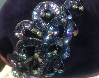 Vintage navy blue velvet cap with sequin applique