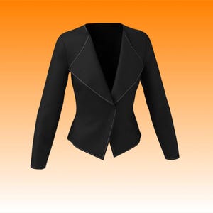May include: A black long-sleeved blazer featuring a collarless open front design with a pointed hemline. The garment is detailed with visible white contrast stitching along the lapel edges, the front opening, and the sleeve cuffs.