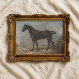 May include: A framed vintage-style print featuring a dark brown horse in a field. The horse is the focal point, set against a backdrop of a cloudy sky and trees. The ornate gold frame adds a classic touch. Text at the bottom reads: "The horse is prepared for the day of battle, but victory is of the Lord."