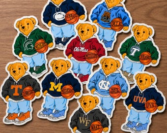 Custom College Teddy Bear Sticker, Vintage Style Mascot Decal, Laptop Water Bottle Sticker