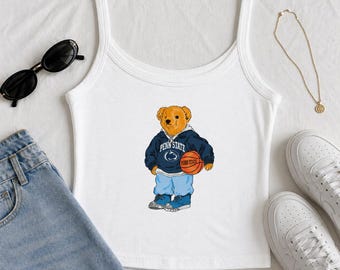 Custom College Teddy Bear Tank Top, Personalized Campus, Game Day Outfit, Y2K Cropped Cami