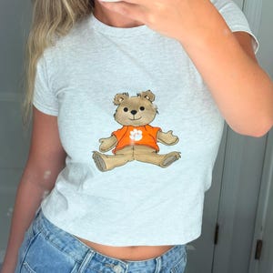 Custom College Baby Tee – Cropped Teddy Bear Top Style | Personalized Game Day Shirt for Sorority & Tailgate Outfits