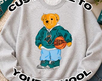 Custom College Teddy Bear Crewneck Sweatshirt, Personalized Preppy Mascot Pullover