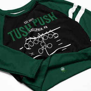 Tush Push™ Crop Top, QB Sneak Sports Fitness Shirt, Striped Sleeves, Recycled