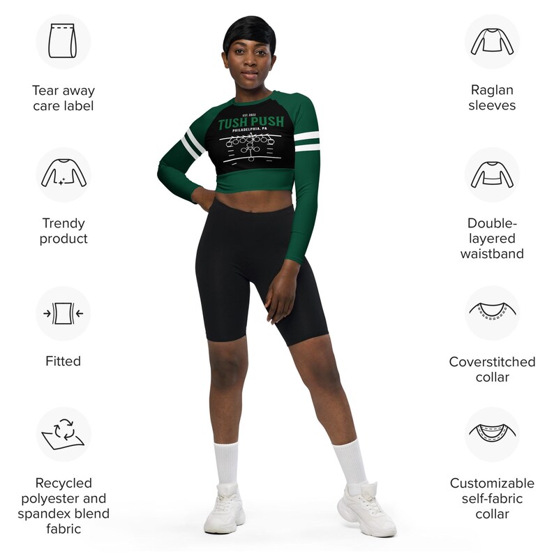Tush Push™ Crop Top, QB Sneak Sports Fitness Shirt, Striped Sleeves, Recycled