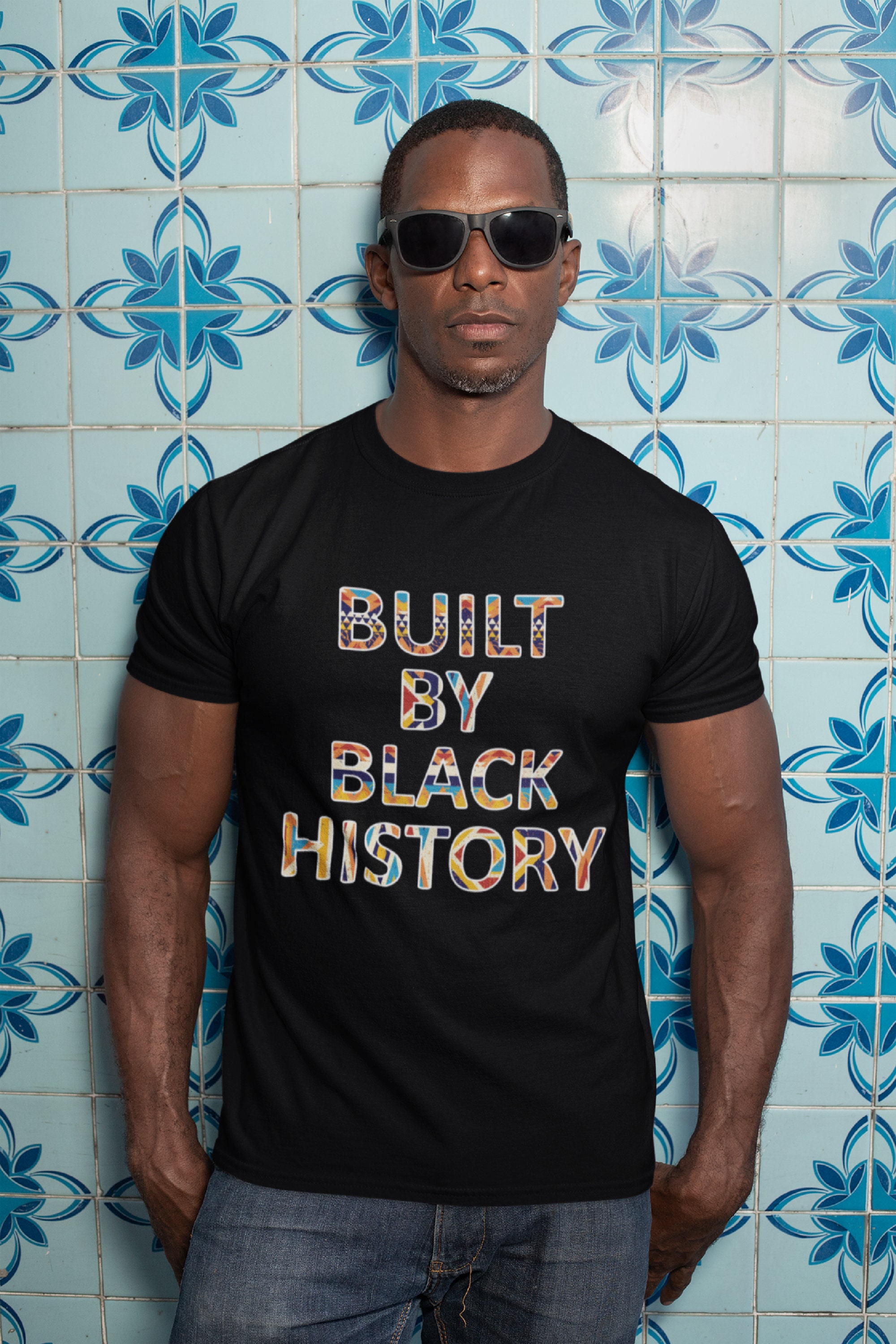 OpportuniTeesCo Built by Black History Shirt | Basketball Inspired Kente Cloth Design | Unisex Black History Short-Sleeve T-Shirt