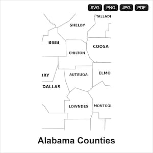 Puede incluir: Un mapa digital en blanco y negro que muestra los condados de Alabama, incluidos Bibb, Shelby, Chilton, Coosa, Autauga, Elmo, Dallas, Lowndes y Montgoi. La imagen incluye etiquetas de formato SVG, PNG, JPG, PDF y el texto Alabama Counties.