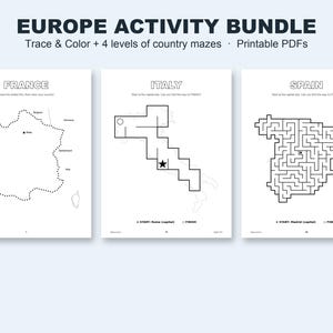 Könnte beinhalten: Ein Europa-Aktivitätenpaket mit drei druckbaren Seiten. Die Überschrift lautet EUROPE ACTIVITY BUNDLE, Trace & Color + 4 levels of country mazes, Printable PDFs. Die Seiten zeigen Frankreich, Italien und Spanien mit Landkarten, Labyrinthen und Text.
