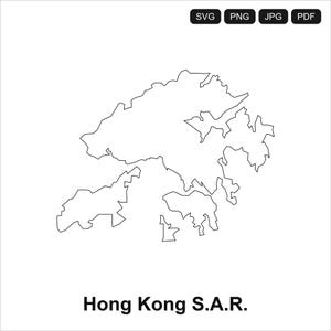 May include: A black and white line art map of Hong Kong S.A.R. with a jagged outline. At the top, four black rectangular buttons contain the white text SVG, PNG, JPG, and PDF. The text Hong Kong S.A.R. is printed in black at the bottom.