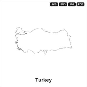 May include: A black and white outline of the country of Turkey. The word "Turkey" is written in black, below the map. The image also includes the file type icons: SVG, PNG, JPG, and PDF.