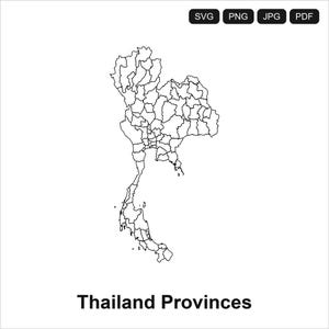 May include: A black and white line map of Thailand showing provincial borders. At the top, four black rectangular buttons contain the white text SVG, PNG, JPG, and PDF. Below the map, the text Thailand Provinces is printed in black.
