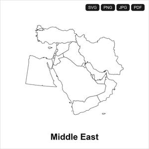 Könnte beinhalten: Eine Schwarz-Weiß-Strichzeichnung der Karte des Nahen Ostens. Die Karte zeigt die geografischen Umrisse der Länder in der Region. Der Text "Middle East" ist schwarz am unteren Rand des Bildes aufgedruckt. Das Bild enthält auch SVG-, PNG-, JPG- und PDF-Dateityp-Symbole.
