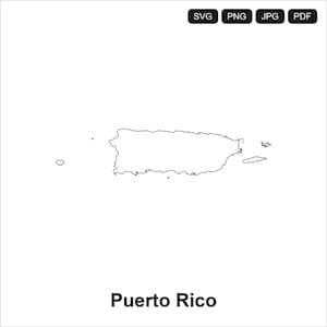 May include: A black and white outline of the island of Puerto Rico, with the text "Puerto Rico" below. The image also includes SVG, PNG, JPG, and PDF file type icons in the top right corner.
