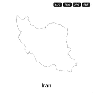 May include: A black and white outline of the country of Iran. The word "Iran" is written in black at the bottom of the image. The image also includes the file type icons for SVG, PNG, JPG, and PDF.