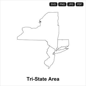 Puede incluir: Un mapa de arte lineal en blanco y negro del área triestatal, que incluye Nueva York, Nueva Jersey y Connecticut. La imagen presenta etiquetas de formato de archivo SVG, PNG, JPG y PDF arriba y el texto Tri-State Area abajo.