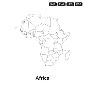 May include: A black and white outline map of the continent of Africa. The map shows the borders of the countries within Africa. The word "Africa" is written in black, centered at the bottom of the image. The image also contains the file type icons: SVG, PNG, JPG, and PDF.