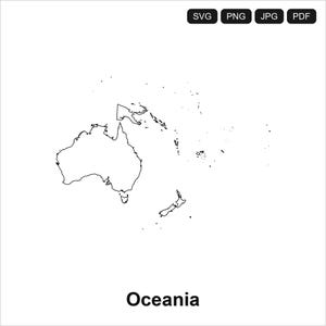 Könnte beinhalten: Eine schwarz-weiße Strichzeichnung der Karte von Ozeanien mit Australien, Neuseeland und umliegenden Inseln. Oben rechts stehen die Dateiformate SVG, PNG, JPG und PDF. Das Wort Oceania ist unten in fetter schwarzer Schrift abgebildet.
