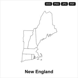 May include: A black and white outline map of New England, with the text "New England" below the map. The map shows the states of Maine, Vermont, New Hampshire, Massachusetts, Rhode Island, and Connecticut.