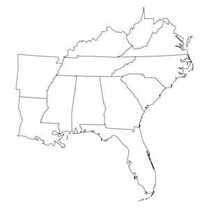 May include: A black and white line drawing depicting a map of the Southeastern United States. The illustration features clear, thin black outlines defining the borders of individual states within the region against a plain white background.