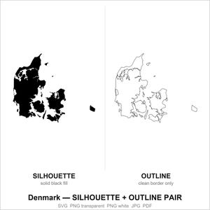May include: A digital graphic showing a map of Denmark in two styles: a solid black silhouette on the left and a thin black outline on the right. The text below reads: Denmark — SILHOUETTE + OUTLINE PAIR, SVG PNG transparent PNG white JPG PDF.