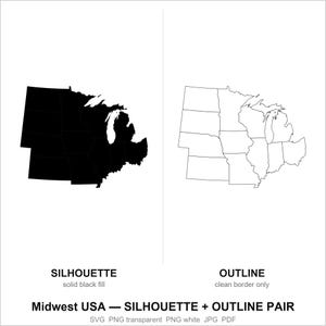 May include: A digital graphic showing the Midwest USA region. On the left, a solid black silhouette map of the states. On the right, a white map with thin black outlines of the same states. Text below reads: Midwest USA — SILHOUETTE + OUTLINE PAIR.