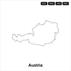 May include: A black and white outline of the country of Austria. The word "Austria" is written in a black, sans-serif font below the map. The image also includes file type icons for SVG, PNG, JPG, and PDF.