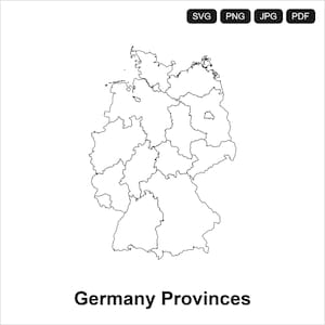 May include: A black and white outline map of Germany showing internal state borders. At the top, four black rectangular buttons contain the text SVG, PNG, JPG, and PDF. Below the map, the text Germany Provinces is printed in black.