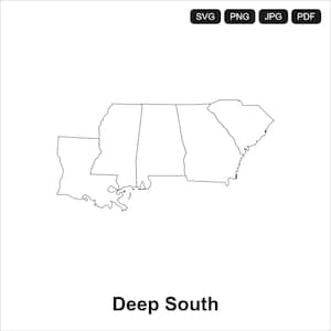 Op de afbeelding: Een digitale zwart-wit omtrekkaart van de regio Deep South in de Verenigde Staten, met staatsgrenzen. Bovenaan zijn zwarte knoppen met de labels SVG, PNG, JPG en PDF zichtbaar. De tekst Deep South staat gecentreerd onder de kaart.