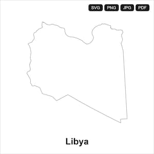May include: A black and white outline of the country of Libya. The country's shape is clearly defined against a white background. The word "Libya" is written in black text below the map, with file type icons in the top right corner.
