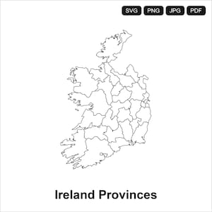 May include: A black and white line drawing of the map of Ireland showing its provinces and counties. At the top, four black rectangular buttons contain the text SVG, PNG, JPG, and PDF. The text Ireland Provinces is printed at the bottom.