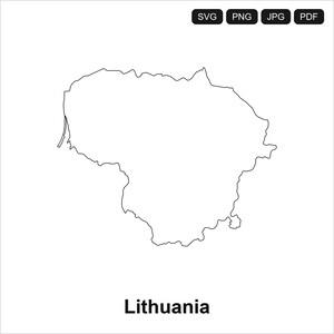 May include: A black and white outline of the country of Lithuania. The word "Lithuania" is printed in black at the bottom of the image. The image also includes the file type icons for SVG, PNG, JPG, and PDF.