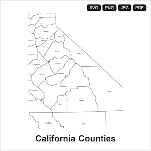May include: A black and white outline map of California, divided into counties. County names are labeled within each boundary. The text "California Counties" is displayed below the map. File type options are shown in the top right corner.