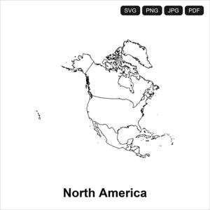 Peut inclure: Une carte en noir et blanc au trait de l'Amérique du Nord montrant les frontières nationales. Le coin supérieur droit affiche le texte SVG, PNG, JPG, PDF. Le bas au centre présente le texte North America. Le design est sur fond blanc.