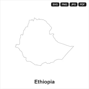 May include: A black and white outline of the country of Ethiopia. The country's shape is displayed with a white background. The word "Ethiopia" is written in black, centered below the map. The image also includes SVG, PNG, JPG, and PDF file type icons.