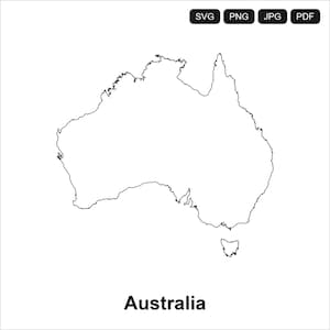 May include: A black and white outline of the continent of Australia. The word "Australia" is printed in black at the bottom of the image. The image also includes SVG, PNG, JPG, and PDF file type icons.